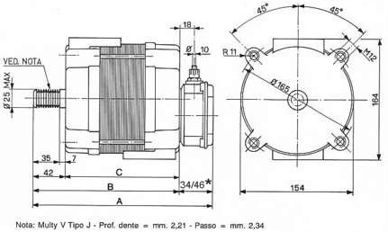 Disegno LRAP flangiato, dimensioni principali: albero scanalato multi V tipo J profilo dente 2,21mm, passo 2,34mm -diametro massimo albero 24mm - Pressacavo PG11- 4 fori filettati M12 su diametro 165mm su scudo anteriore. Quote riportate in tabella:A-lunghezza totale motore inclusa copribasetta posteriore. B-lunghezza totale motore. C-lunghezza totale motore meno sporgenza albero. D-distanza interna tra i due supporti motore