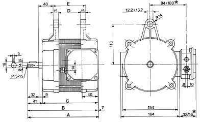 Disegno LRAP basculante con morsettiera laterale, dimensioni principali: diametro albero 14j6mm - linguetta 5x5x20 - pressacavo PG11 - distanza asse albero-asse supporti: 113mm - foro supporti diametro 28mm. Quote riportate in tabella: A-lunghezza totale motore con copribasetta. B-lunghezza totale motore senza copribasetta. C-lunghezza totale motore senza copribasetta meno sporgenza albero. D-distanza interna tra i due supporti motore. E-distanza esterna tra i due supporti motore