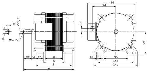 Disegno LRAP con piedini, morsettiera laterale - dimensioni principali: diametro albero 14j6 mm - interasse fori 145mm - altezza asse 90mm - linguetta 5x5x20 - pressacavo PG11